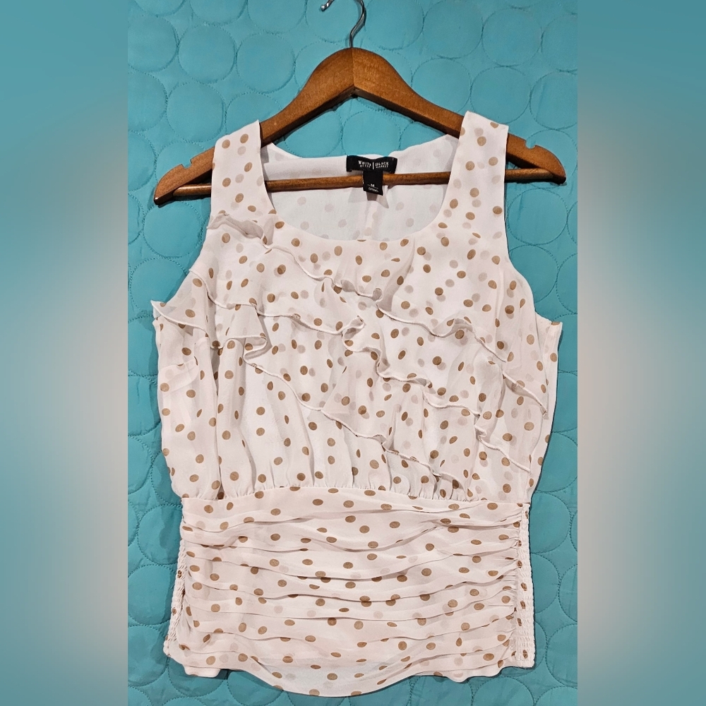 White House Black Market Gold Polka Dots Ruffled Ruched Blouse Size‎ M